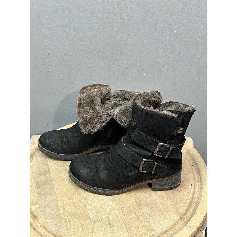 White Mountain Boots Womens 9 Black Faux Suede Fur Lined Moto Winter Lug Sole